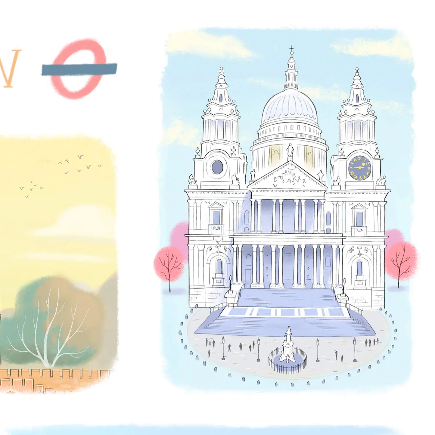 Detail from an art print of the London landmarks, Westminster Abbey, The Tower of London, St Paul's Cathedral, Palace of Westminster and Buckingham Palace