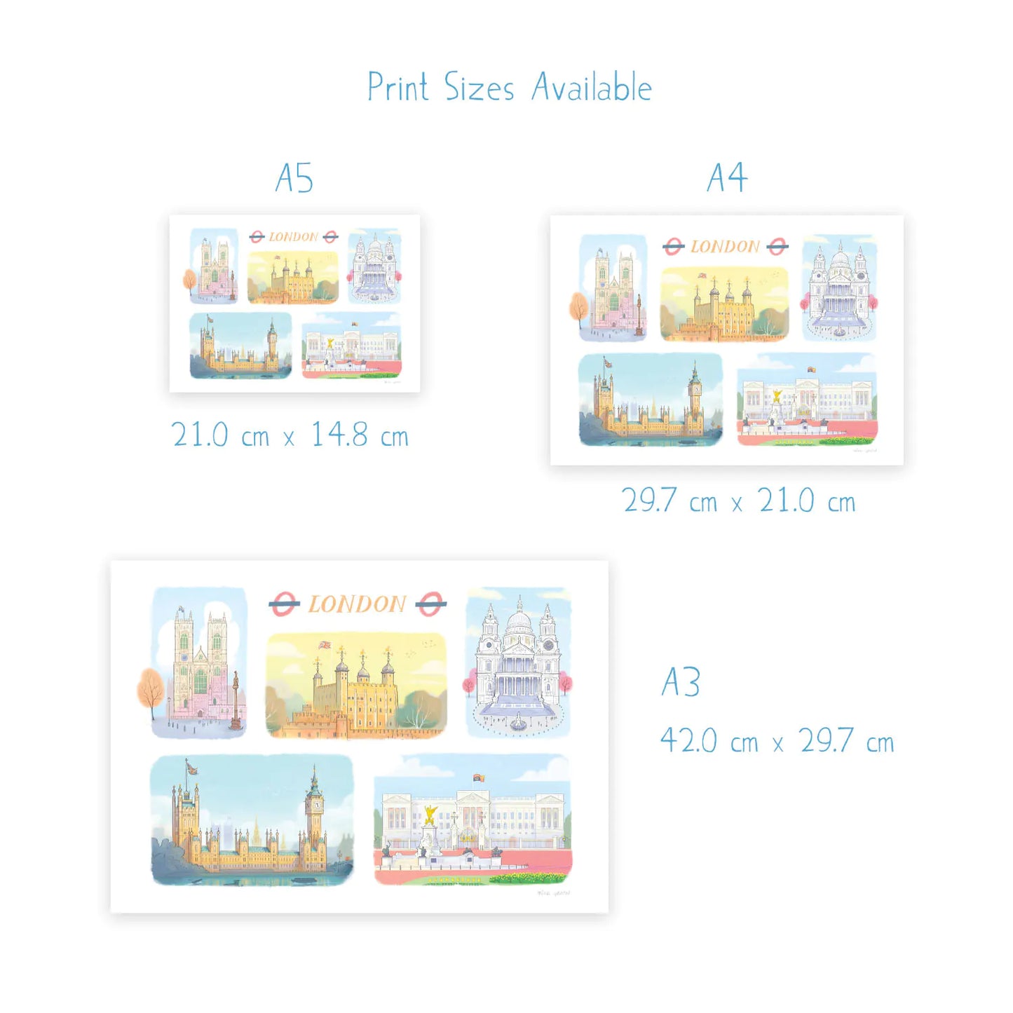 Print sizes for illustration of London's landmarks including, Westminster Abbey, The Tower of London, St Paul's Cathedral, Palace of Westminster and Buckingham Palace