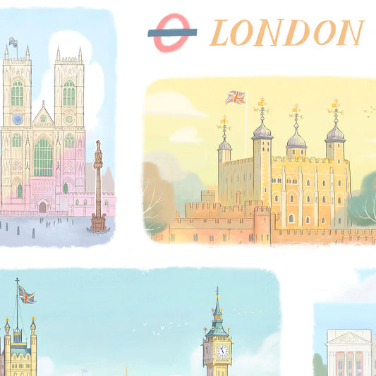 Detail from an art print of the London landmarks, Westminster Abbey, The Tower of London, St Paul's Cathedral, Palace of Westminster and Buckingham Palace