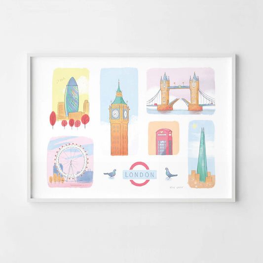 A print of six London landmarks beautifully illustrated by Mike Green.