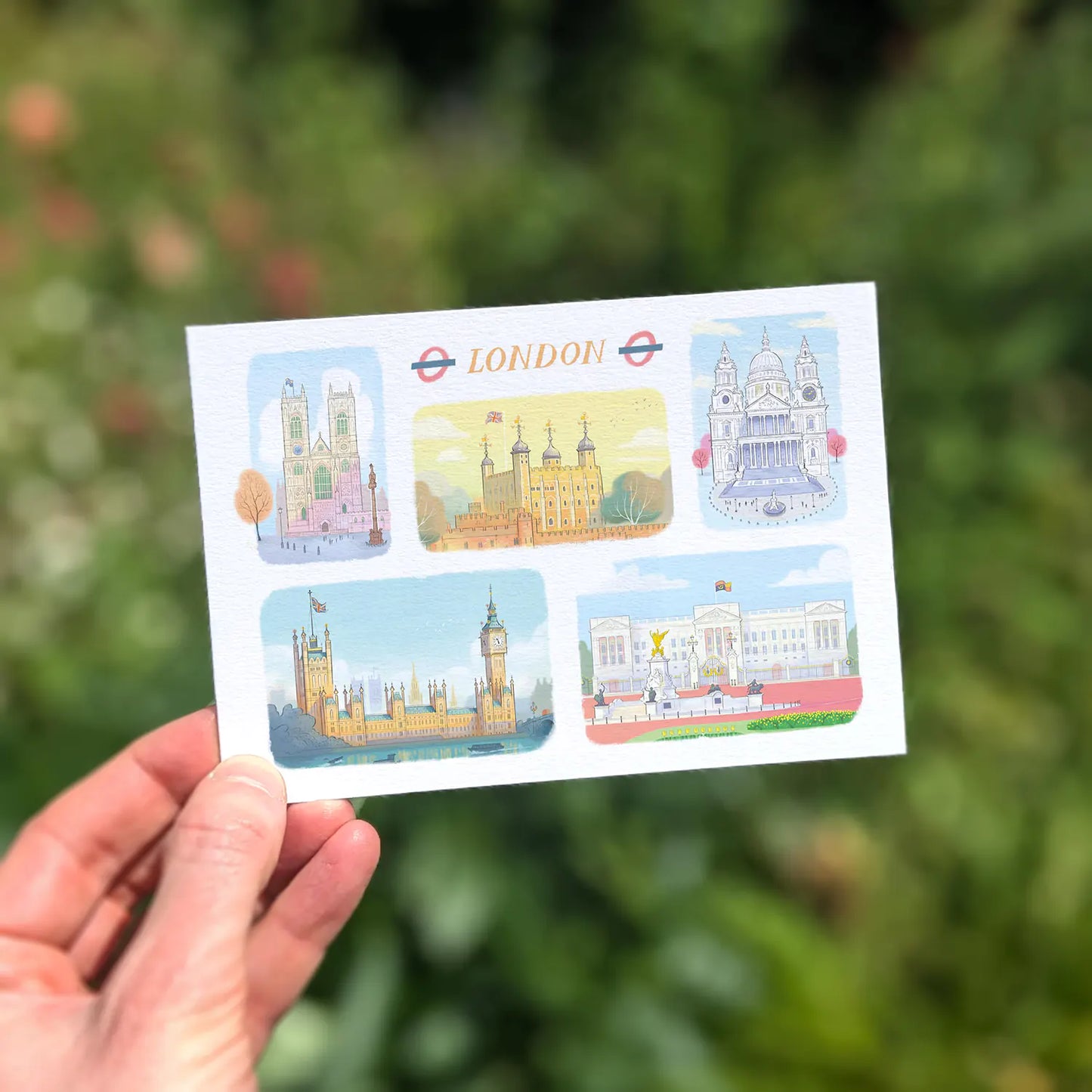 Greetings Card with London Landmarks, Westminster Abbey, Tower of London, St Paul's Cathedral, Palace of Westminster, and Buckingham Palace.