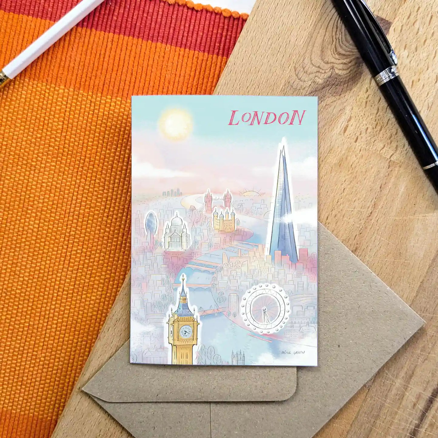 London and some of its landmarks beautifully illustrated on a greeting card by mike green illustration.