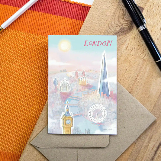 London and some of its landmarks beautifully illustrated on a greeting card by mike green illustration.