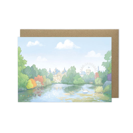 London's St James Park east view beautifully illustrated on a greeting card by mike green illustration.