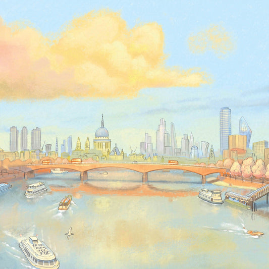 Detail from a wall art print of a painting of London's river Thames in the evening sunshine with St Pauls Cathedral and the Southbank