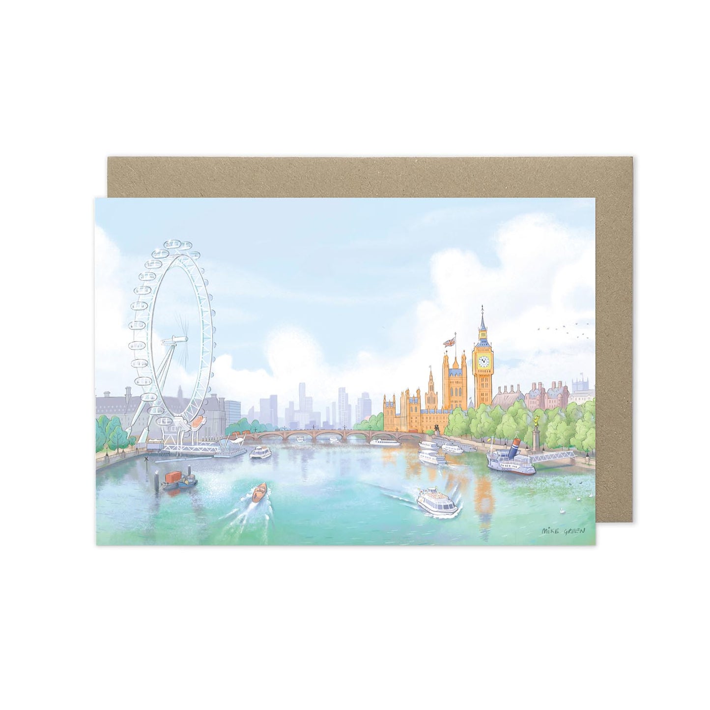 Greetings card of the view from Waterloo Bridge towards the City of London painted by Mike Green Illustration
