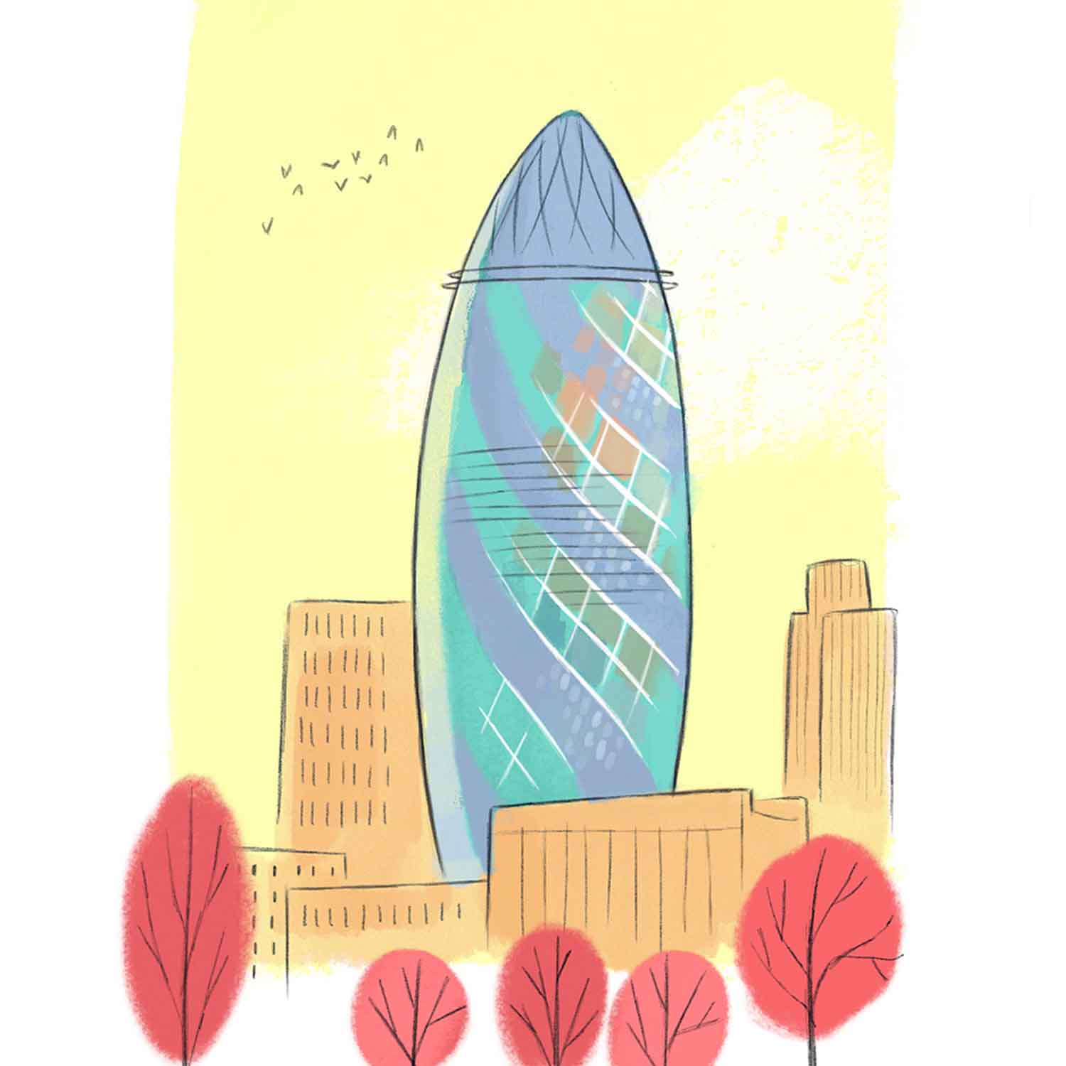 A close up London's The Gherkin illustration by mike green illustration.
