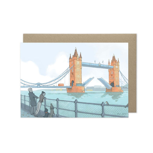 London's Tower Bridge with dog walkers beautifully illustrated on a greeting card by mike green illustration.