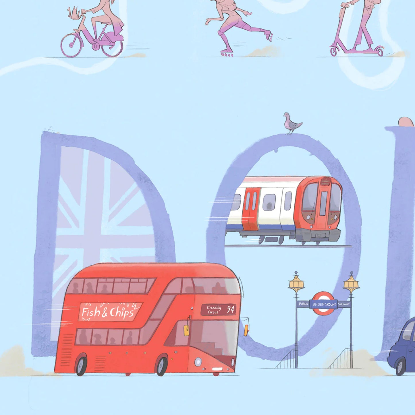 Detail from a painting of London's transport including busses, taxi's and underground trains.