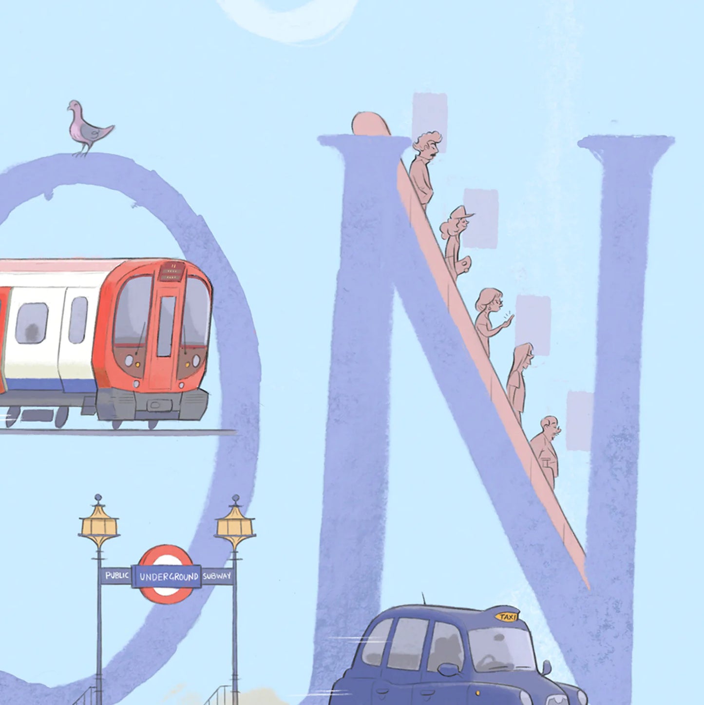 Detail from a painting of London's transport including busses, taxi's and underground trains.