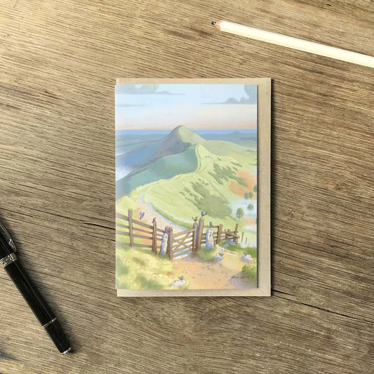 Greetings card with a painting of the Mam Tor ridge way path in the Peak District National Park in England with a pencil
