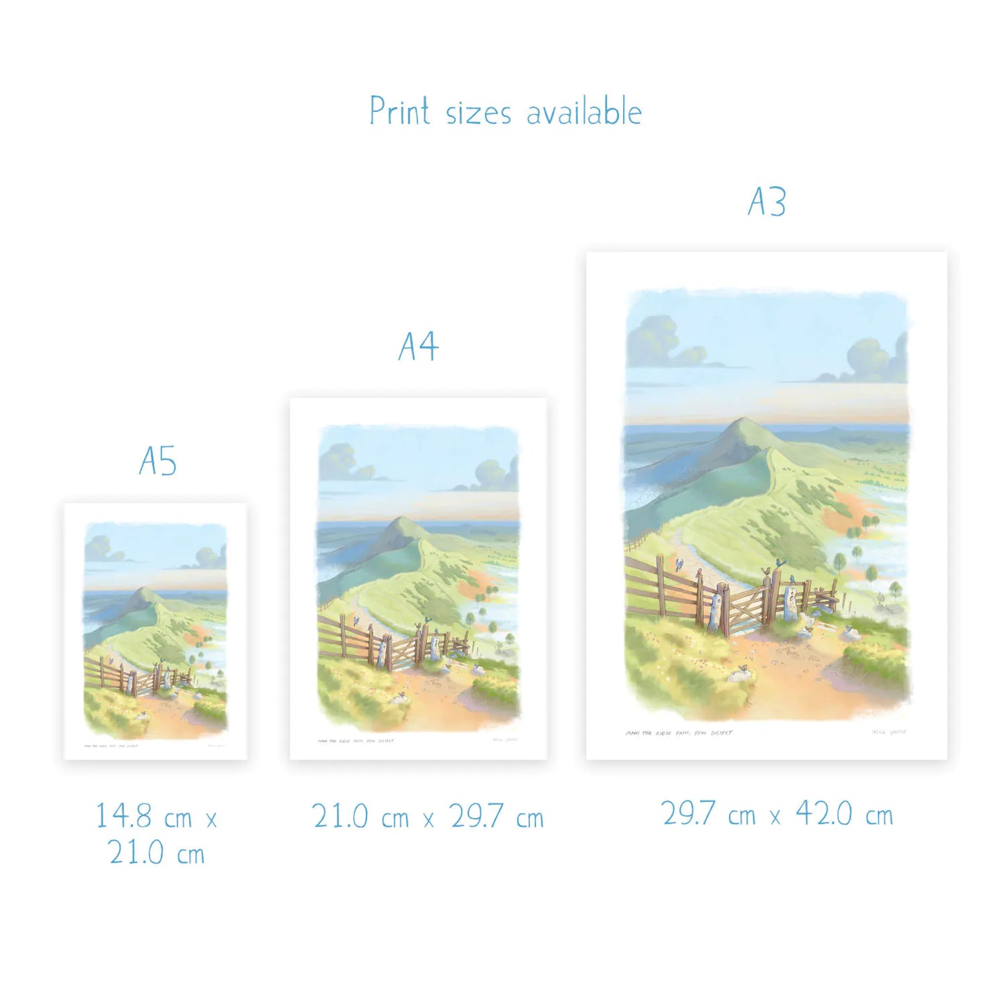 Print dimensions for of a painting of Mam Tor Ridge Path in the Peak District in England by Mike Green Illustration