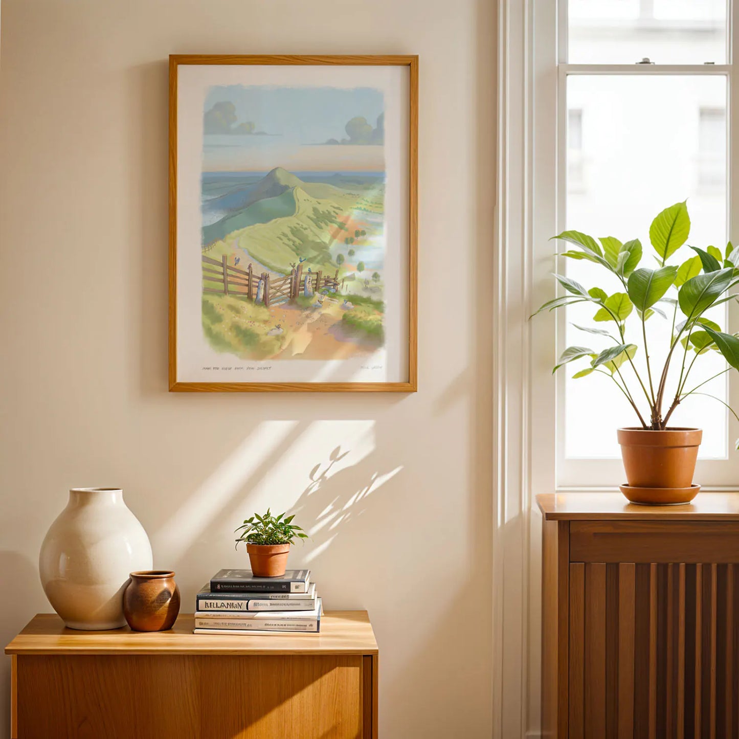 Framed art print of a painting of the Mam Tor Ridge Path in the Peak District in England by Mike Green Illustration