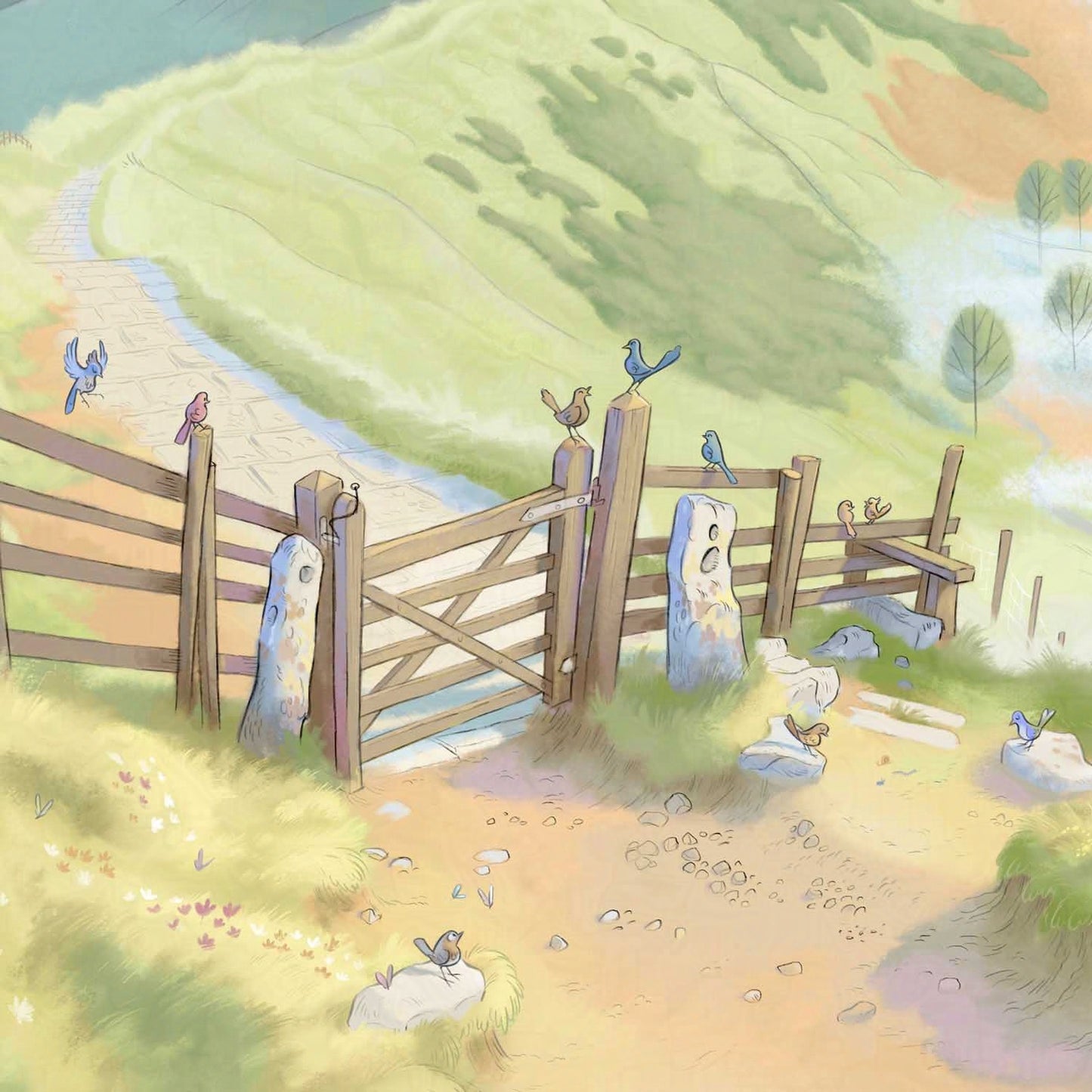 Detail from a painting of the Mam Tor Ridge Path in the Peak District in England by Mike Green Illustration with birds sitting on a fence