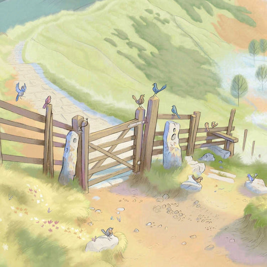 Detail from a painting of the Mam Tor Ridge Path in the Peak District in England by Mike Green Illustration with birds sitting on a fence
