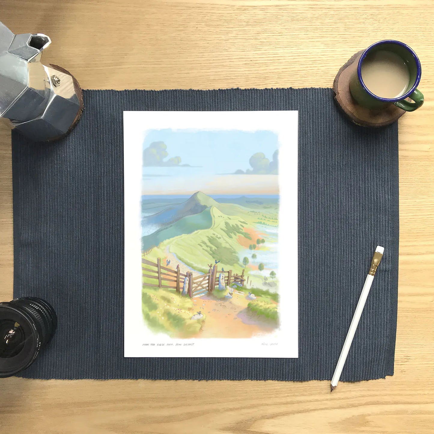 Art print of a painting of Mam Tor Ridge Path in the Peak District in England by Mike Green Illustration