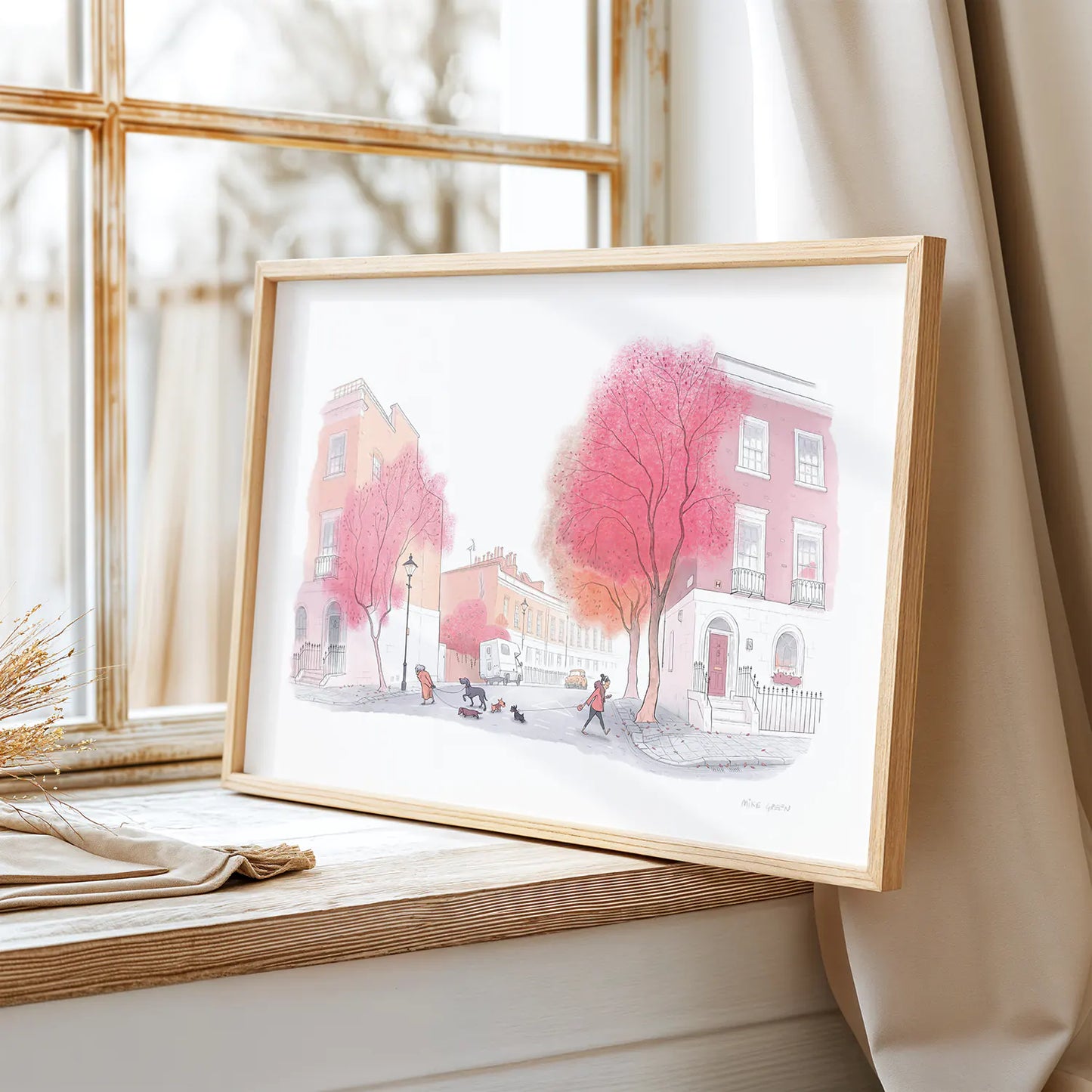 Framed Illustration with 2 dogs catching up on a red tree lined street in London