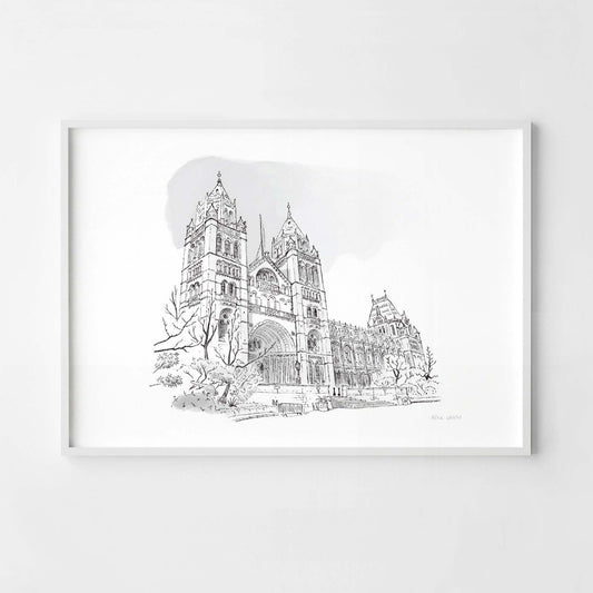 A print of London's Natural History Museum beautifully sketched by Mike Green.