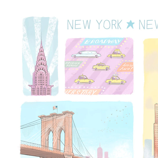 Detail of an illustration of New York's landmarks in pastel colours