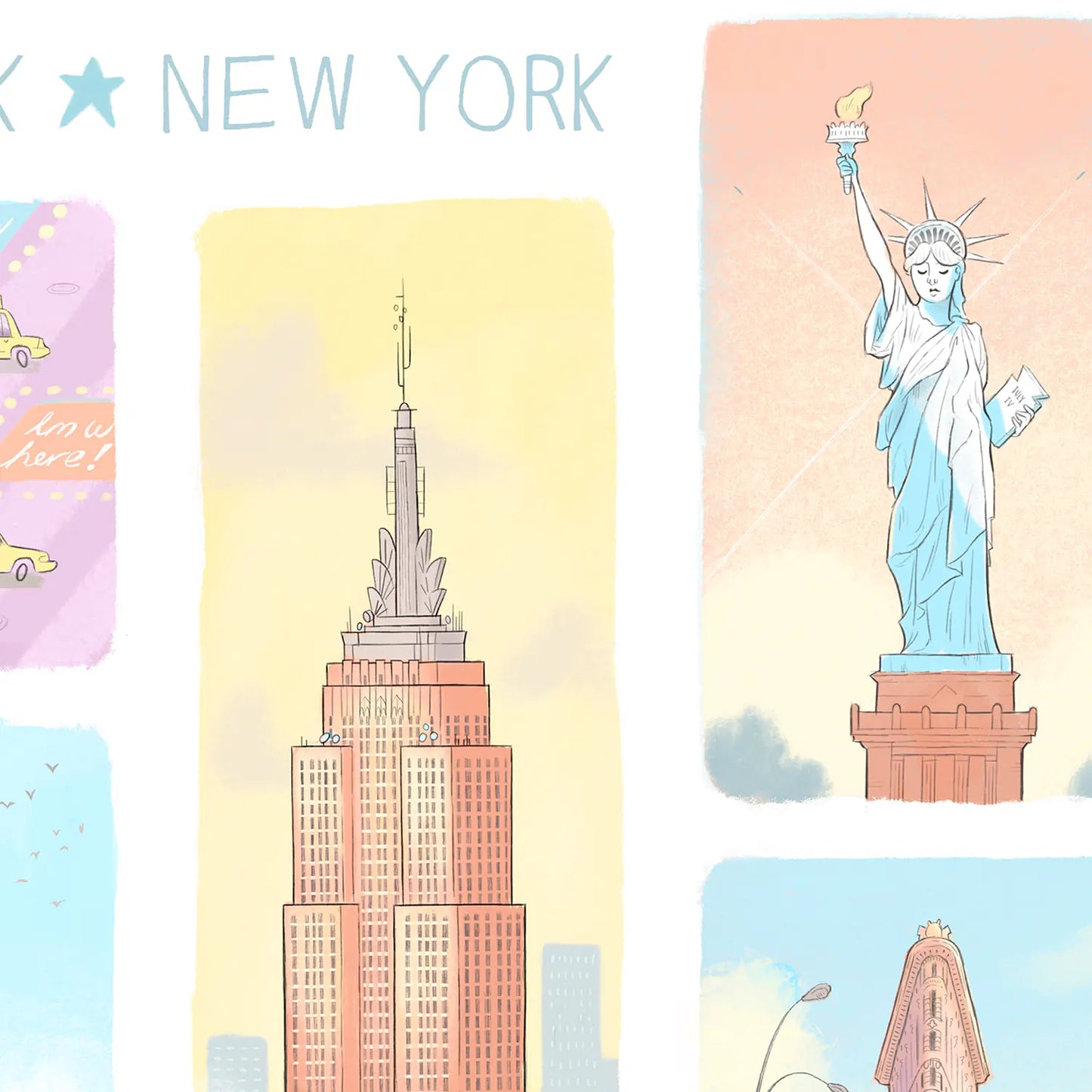 Detail of an illustration of New York's landmarks in pastel colours