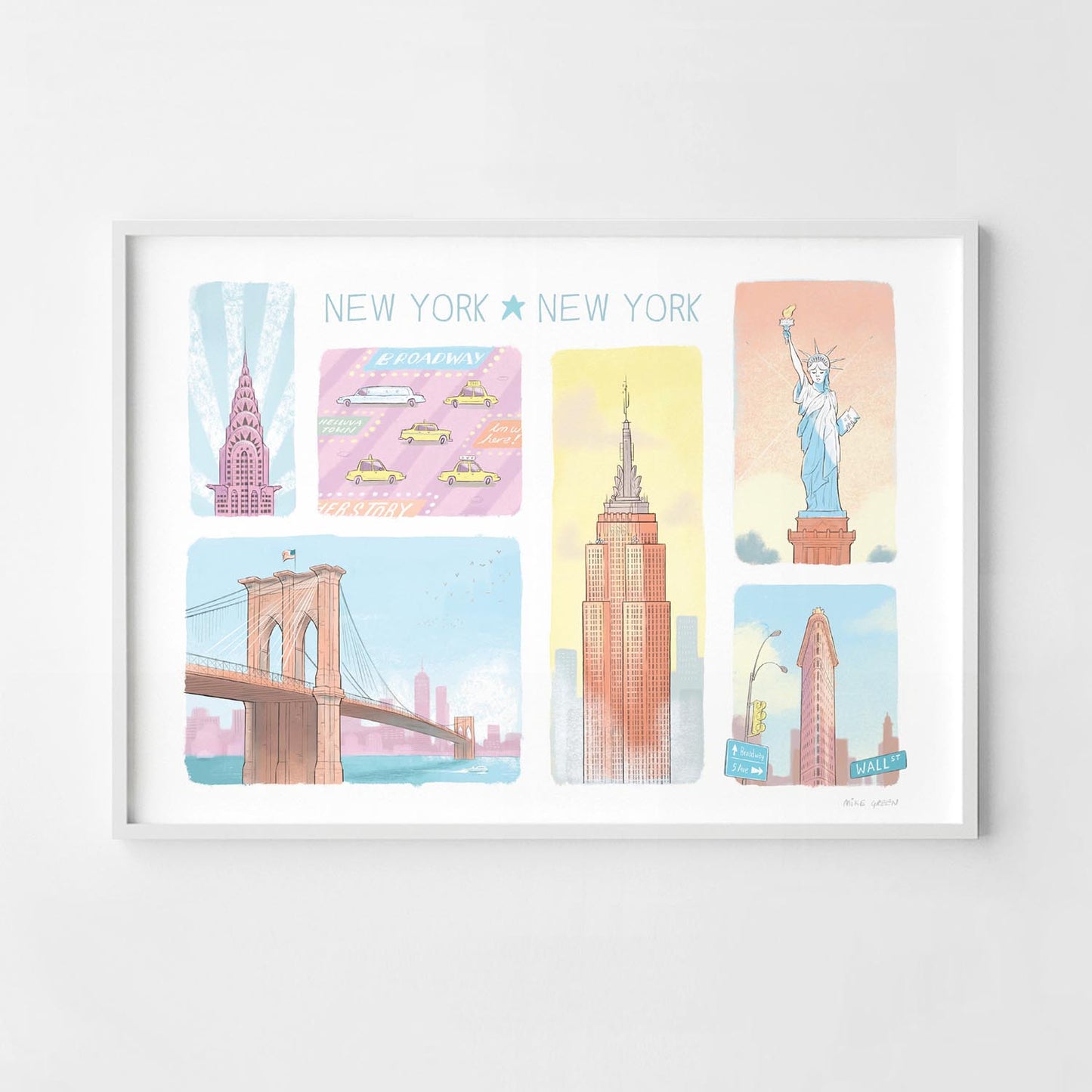 Framed print of an illustration of New York's landmarks in pastel colours with New York New York written at the top