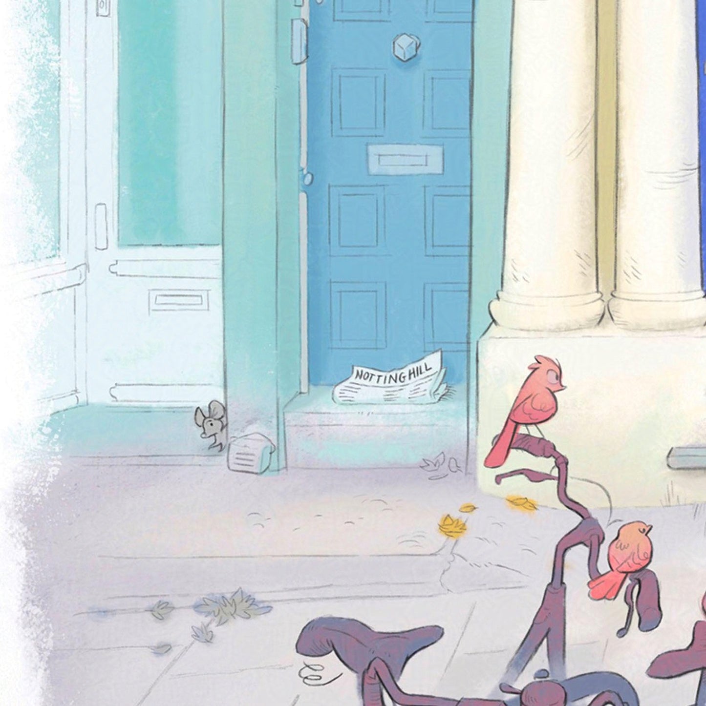 Detail from a painting of the blue door in London's Notting Hill with a cat watched by a few local birds on bicycles