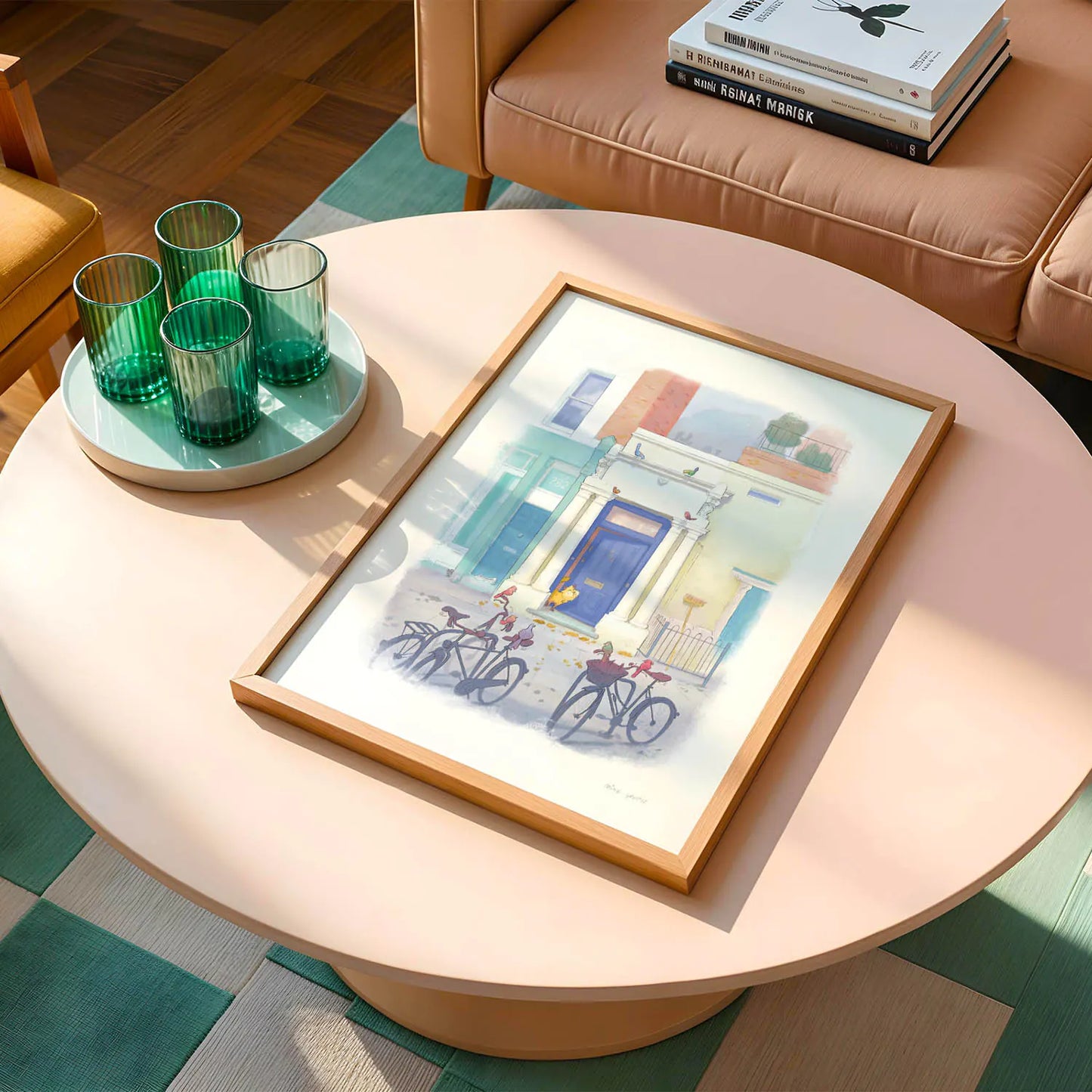 Wall art print of a painting of the blue door in London's Notting Hill with a cat watched by a few local birds on bicycles on a round table