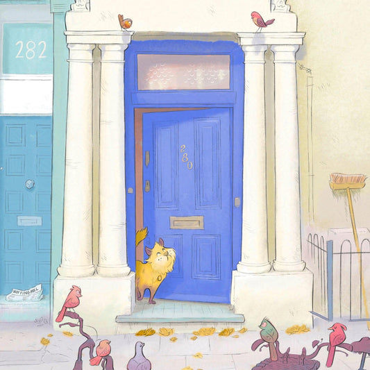 Detail from a painting of the blue door in London's Notting Hill with a cat watched by a few local birds on bicycles