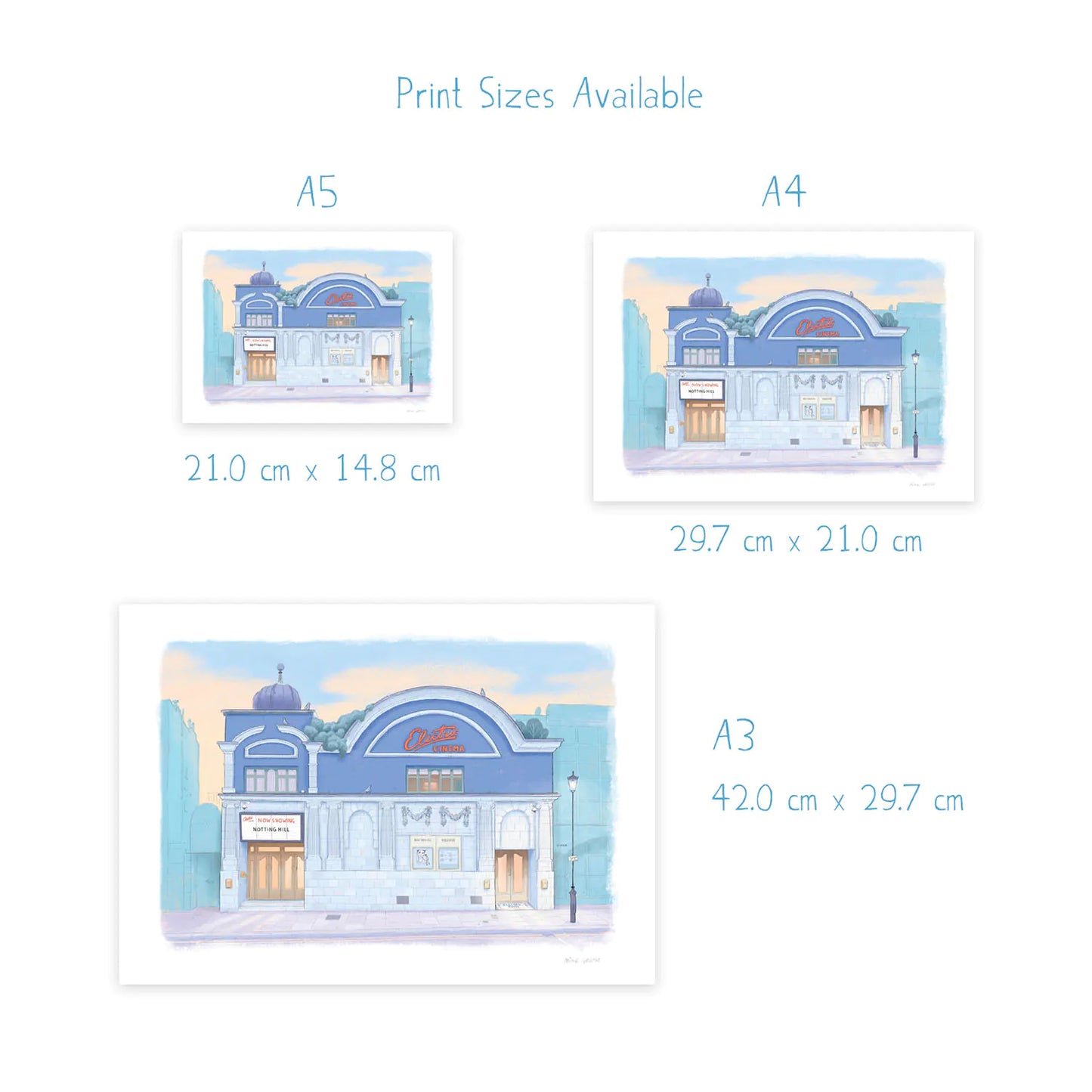 Print dimensions of Electric Cinema Notting Hill print by Mike Green Illustration