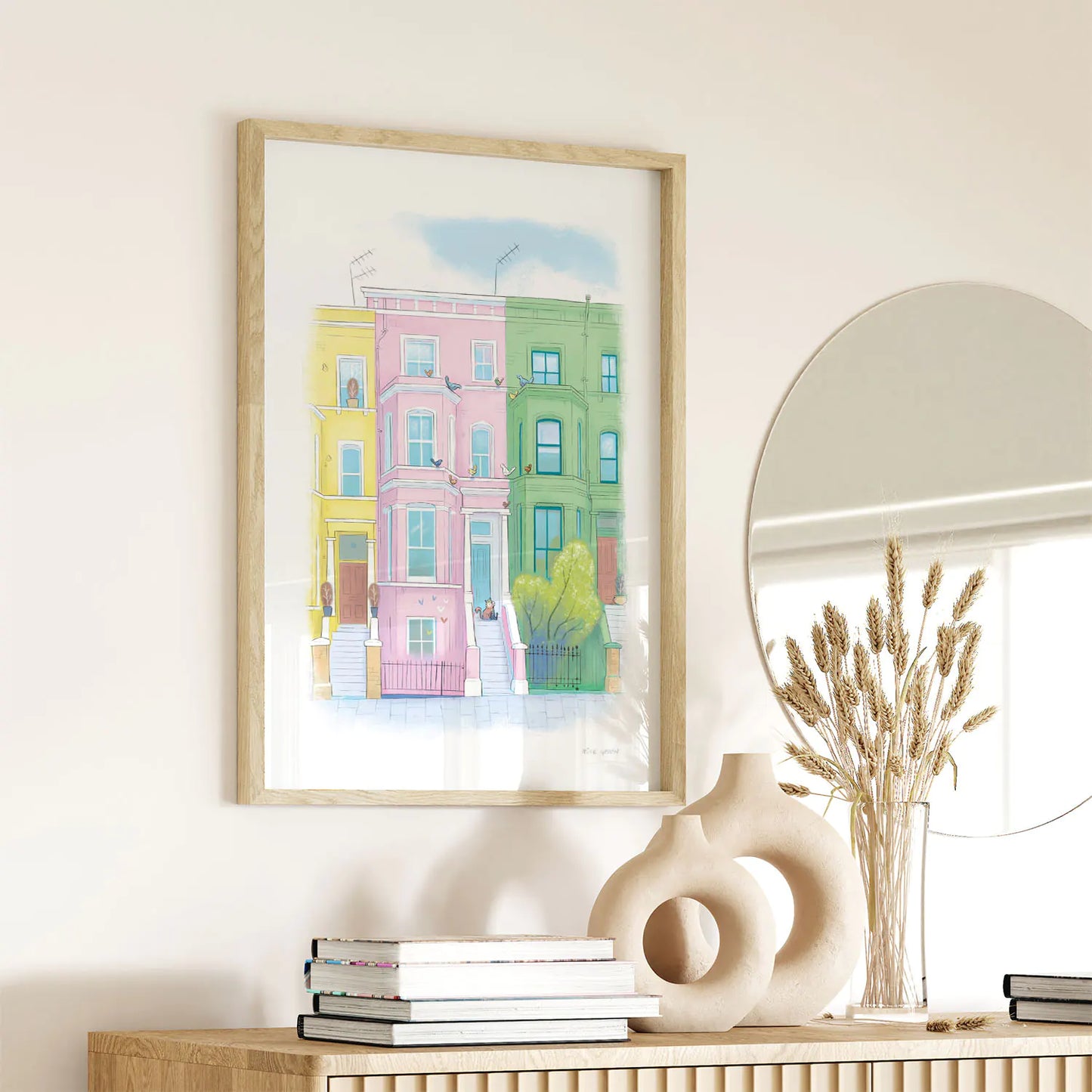 Framed art print of colourful houses in London's Notting Hill with a lazy at on the doorstop by Mike Green Illustration