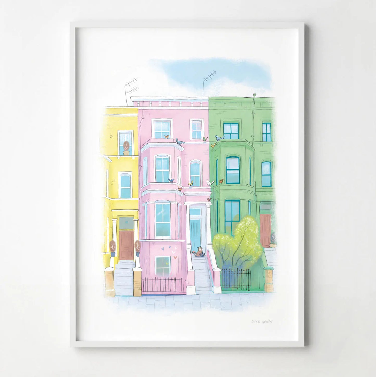 Framed print of an illustration by Mike Green Illustration of a lazy cat in front of colourful Houses on Lancaster road in London's Notting Hill