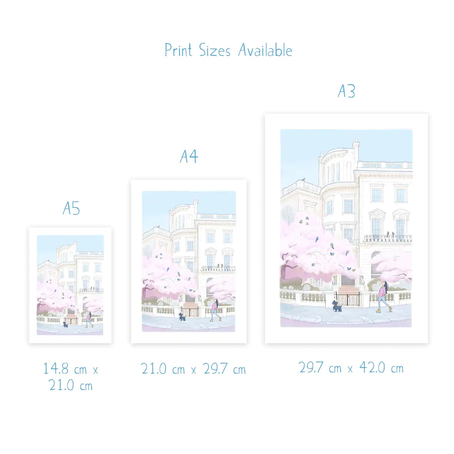 Dimensions for prints of a painting of a lady skating with her dog on a street in London's Notting Hill with a tree in blossom