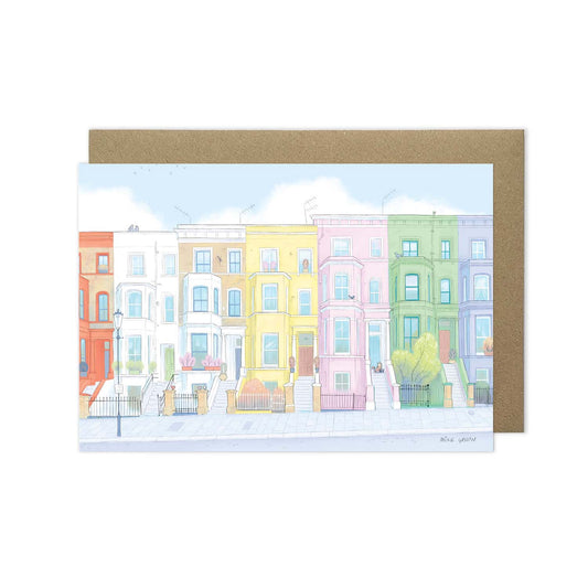 London's Notting Hill Houses beautifully illustrated on a greeting card by mike green illustration.