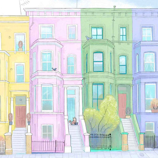 Detail of a print of Colourful Houses on Lancaster road in London's Notting Hill by Mike Green Illustration
