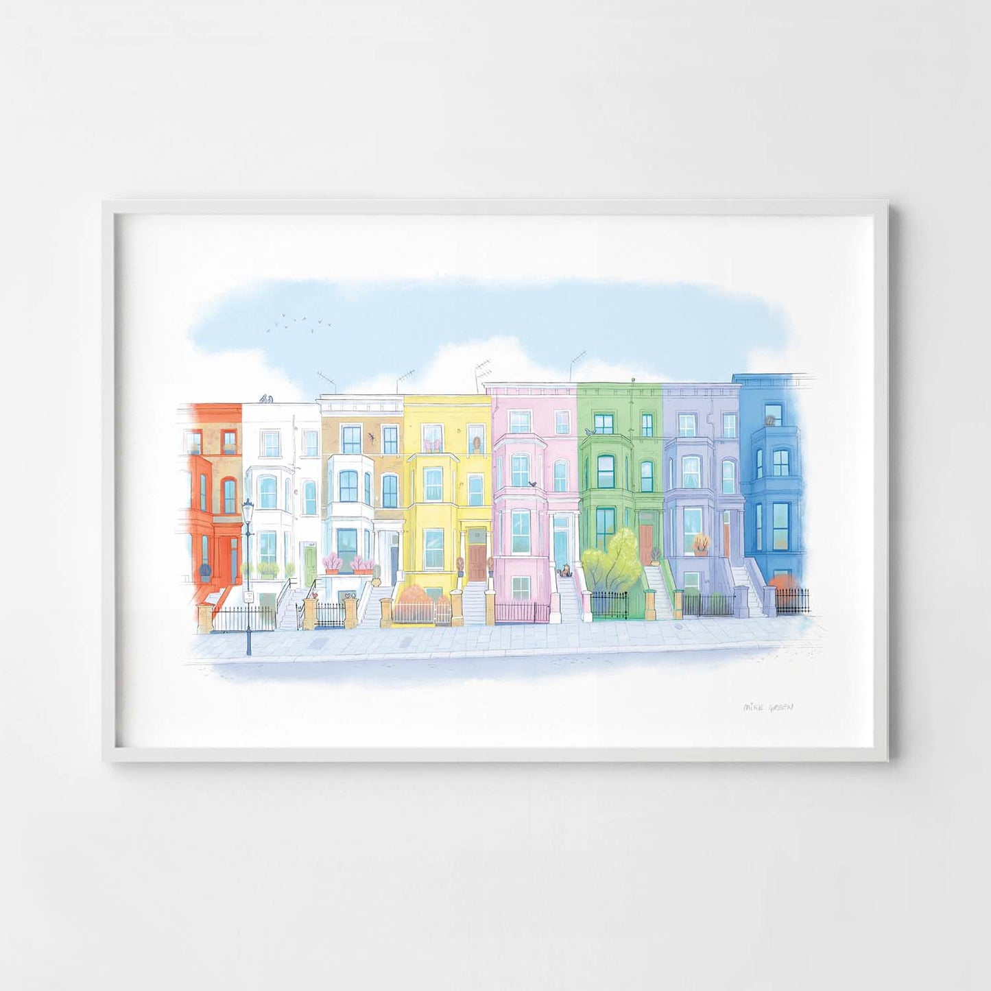 Framed print of an illustration by Mike Green Illustration of Colourful Houses on Lancaster road in London's Notting Hill