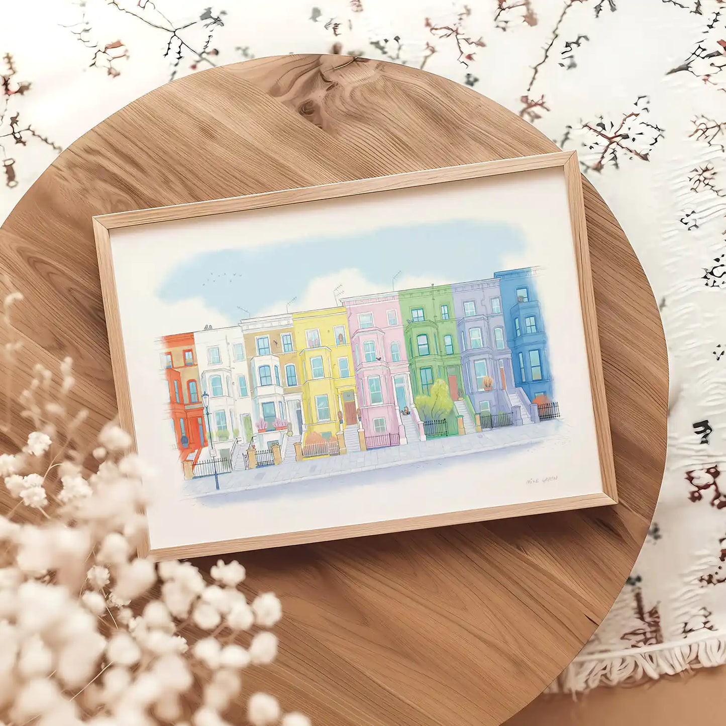 Framed print of an illustration by Mike Green Illustration of Colourful Houses on Lancaster road in London's Notting Hill