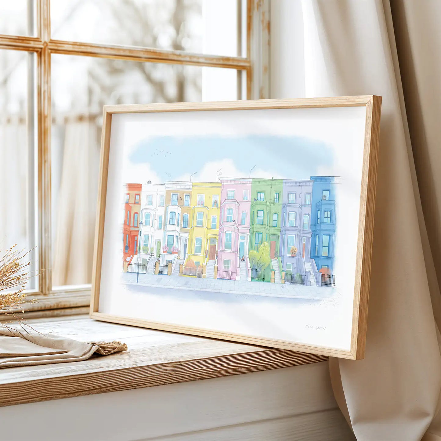 Framed print of an illustration by Mike Green Illustration of Colourful Houses on Lancaster road in London's Notting Hill