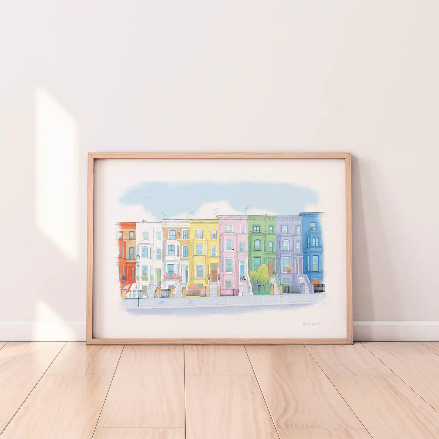 Framed print of an illustration by Mike Green Illustration of Colourful Houses on Lancaster road in London's Notting Hill