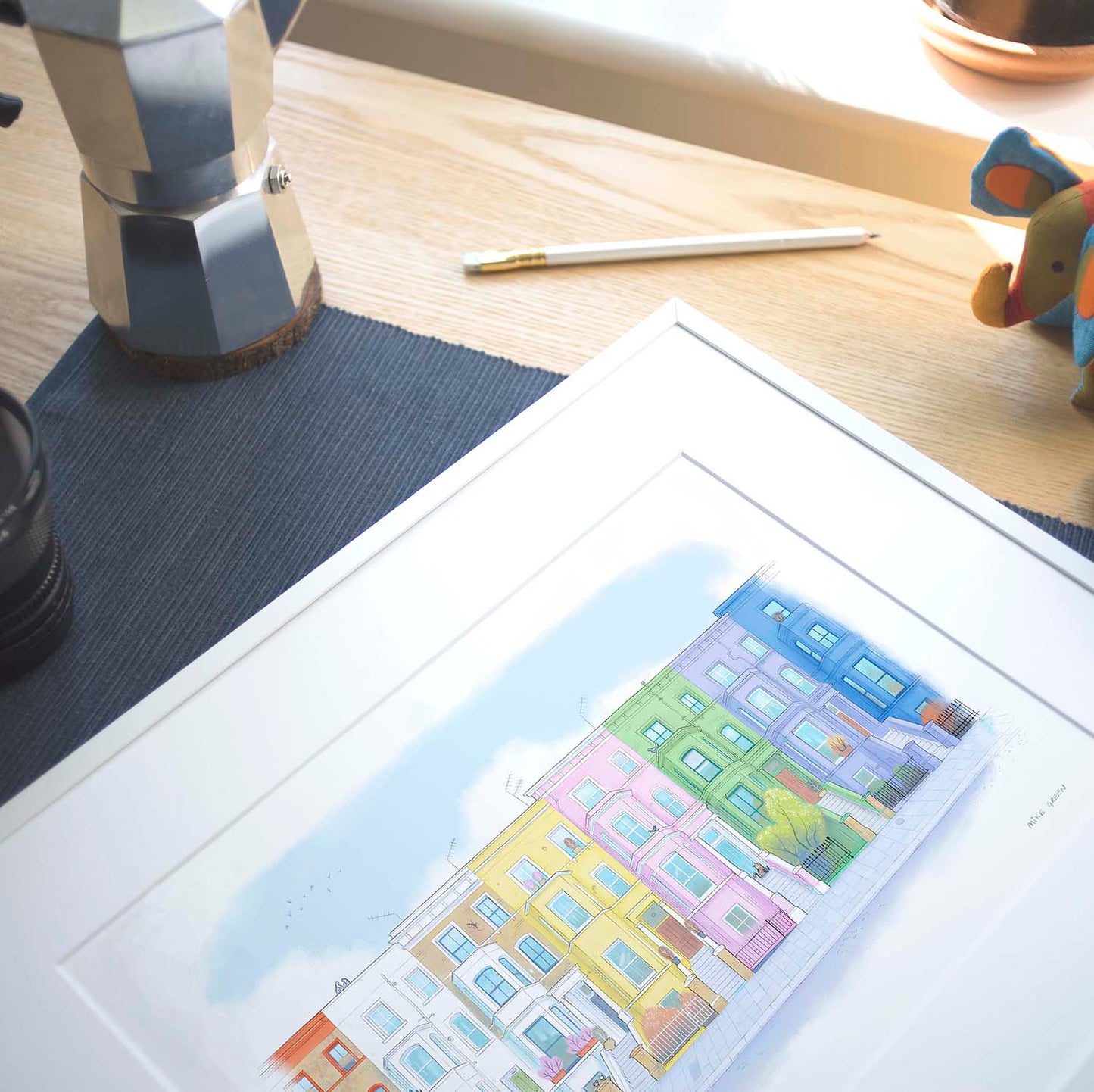 Framed print of an illustration by Mike Green Illustration of Colourful Houses on Lancaster road in London's Notting Hill