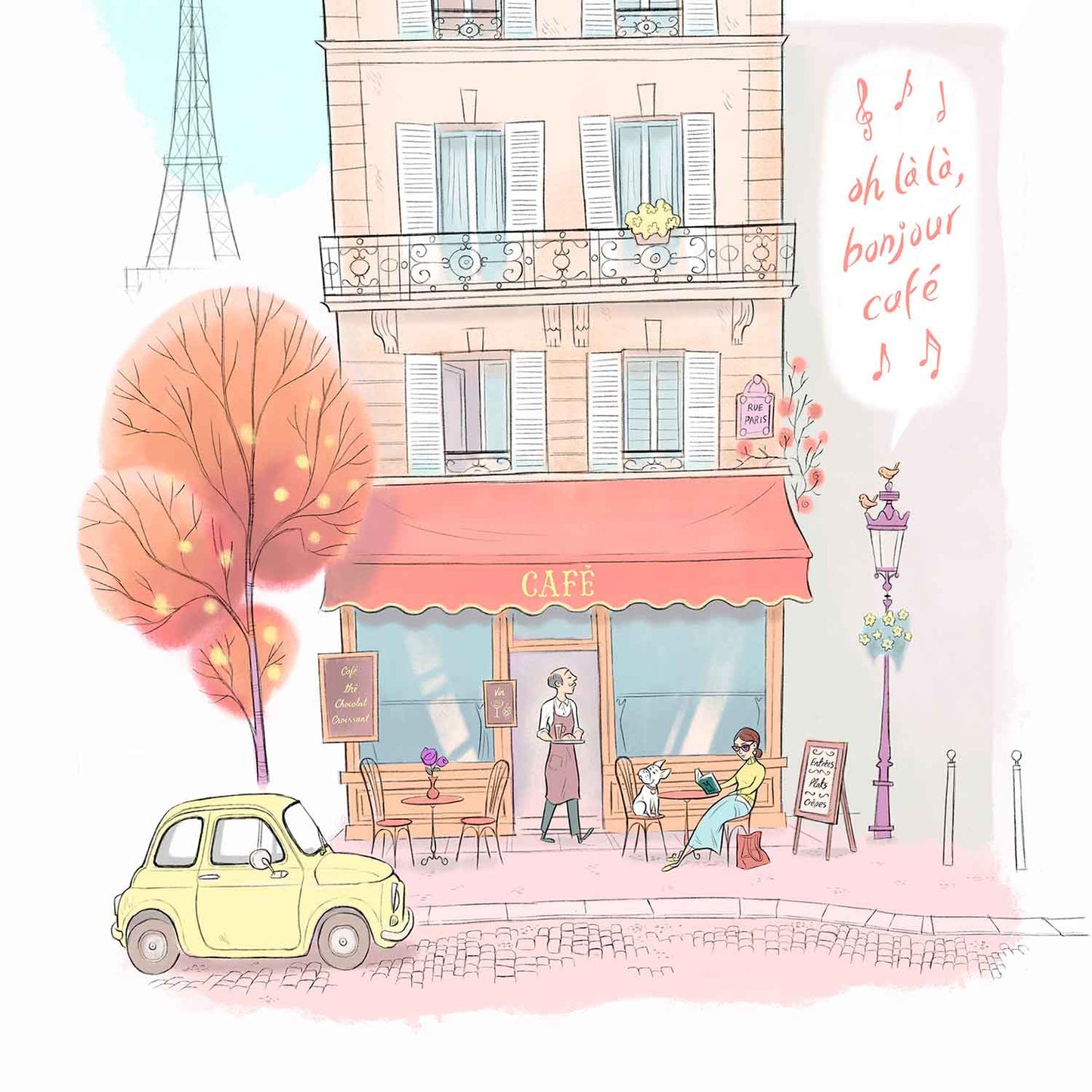 Detail of an illustration of a typical café in Paris with the Eifel tower in the background