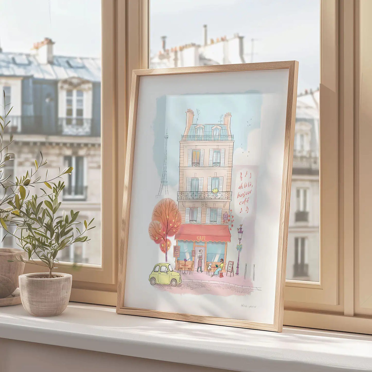 Framed print of an illustration of a typical café in Paris with the Eifel tower in the background