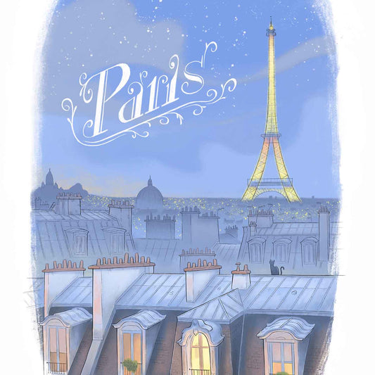 Detail of an illustration of the Paris skyline at night with the Eifel Tower and the word Paris
