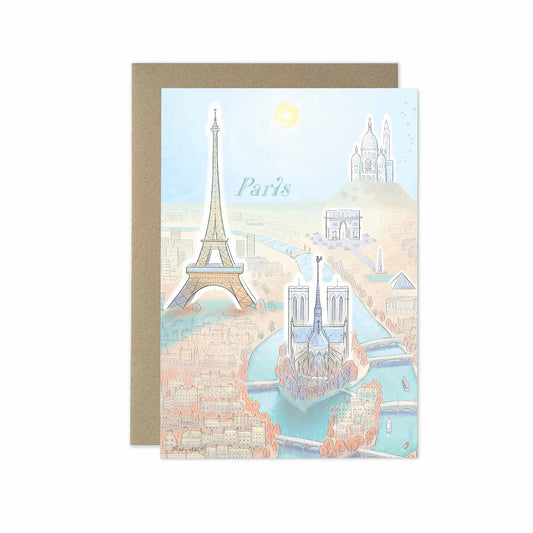 Paris skyline with landmarks beautifully illustrated on a greeting card by mike green illustration.