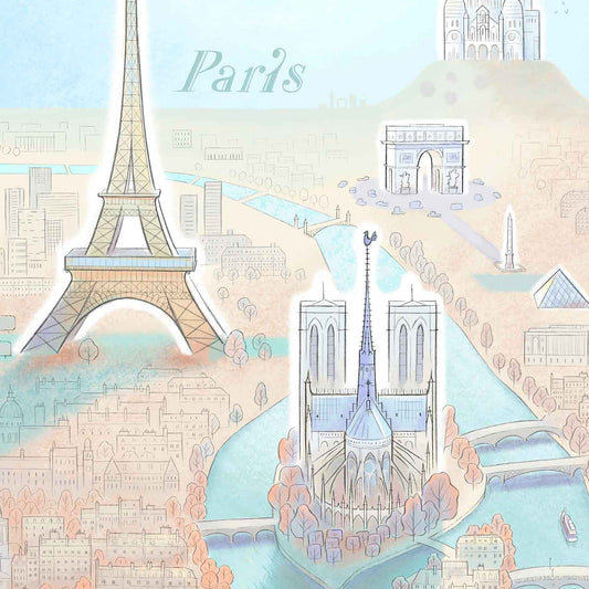 Detail of an illustration of the Paris skyline and its landmarks