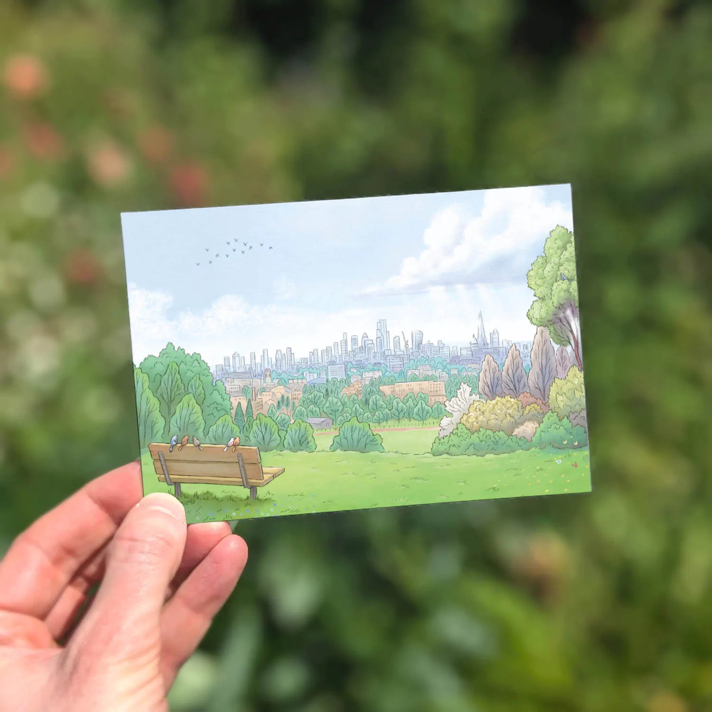 Greetings card of the view from London's Parliament Hill in Hampstead Heath illustrated by mike green