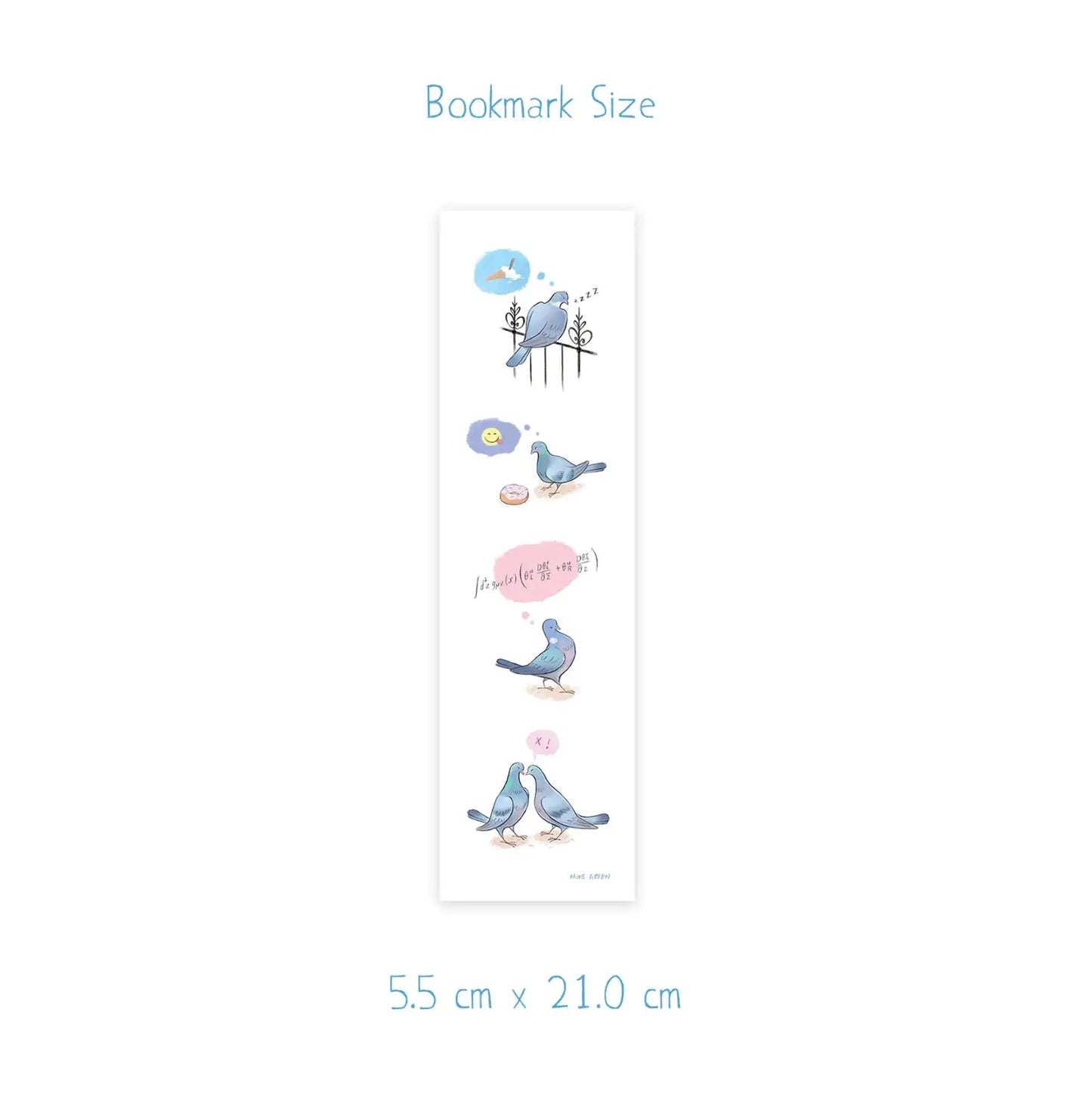 Dimensions for a bookmark with illustrations of pigeons resting on an open book