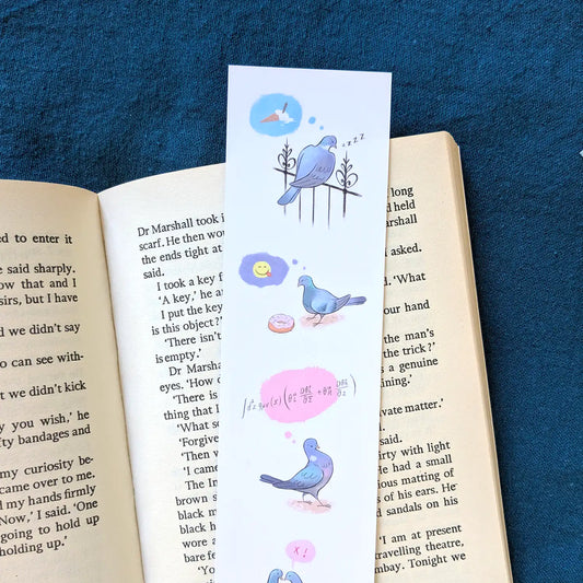 Bookmark with illustrations of pigeons resting on an open book