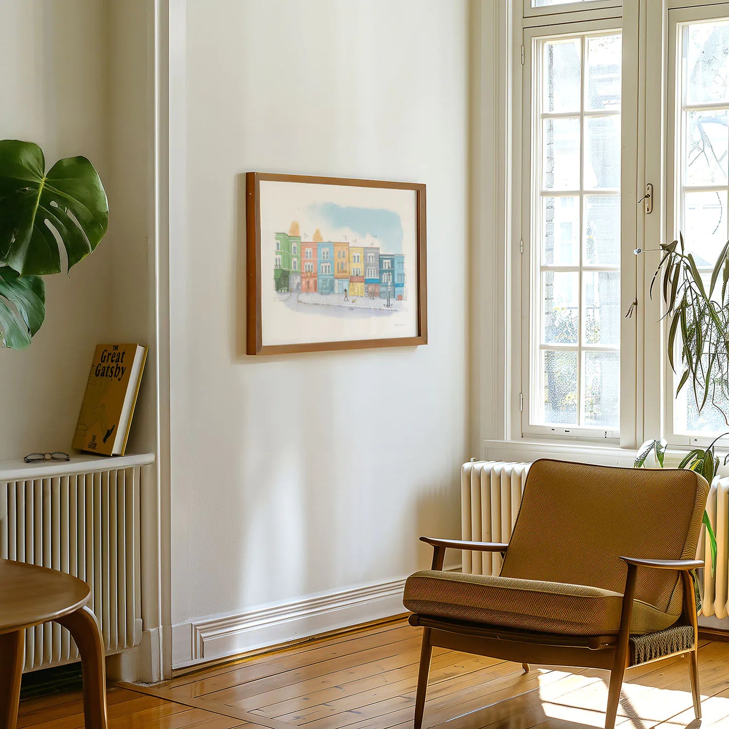 Framed print of Portobello road shops illustration with chair
