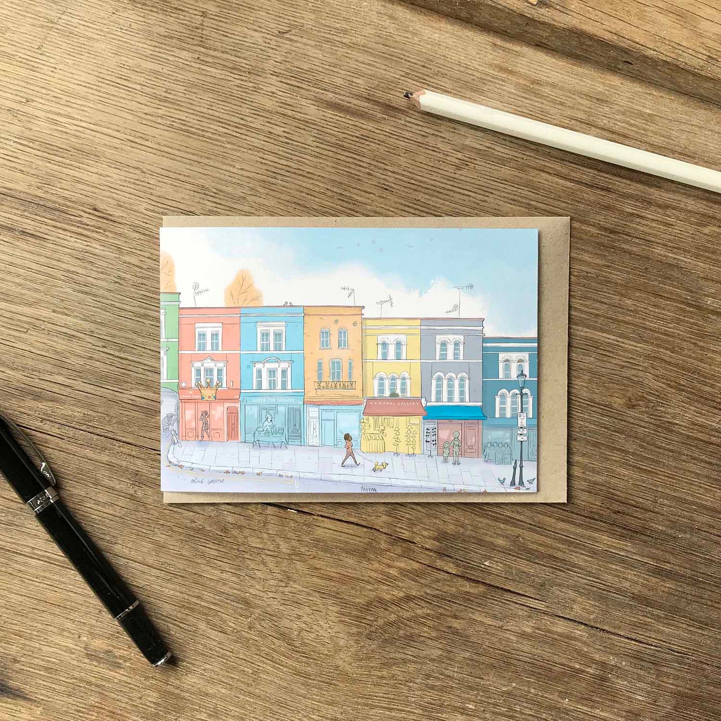 Portobello road in London's Notting Hill greeting card illustrated by mike green illustration.