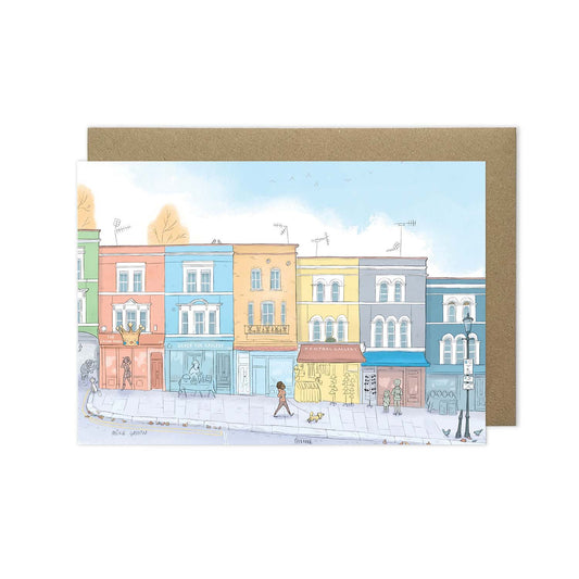 Portobello road in London's notting hill beautifully illustrated on a greeting card by mike green illustration.